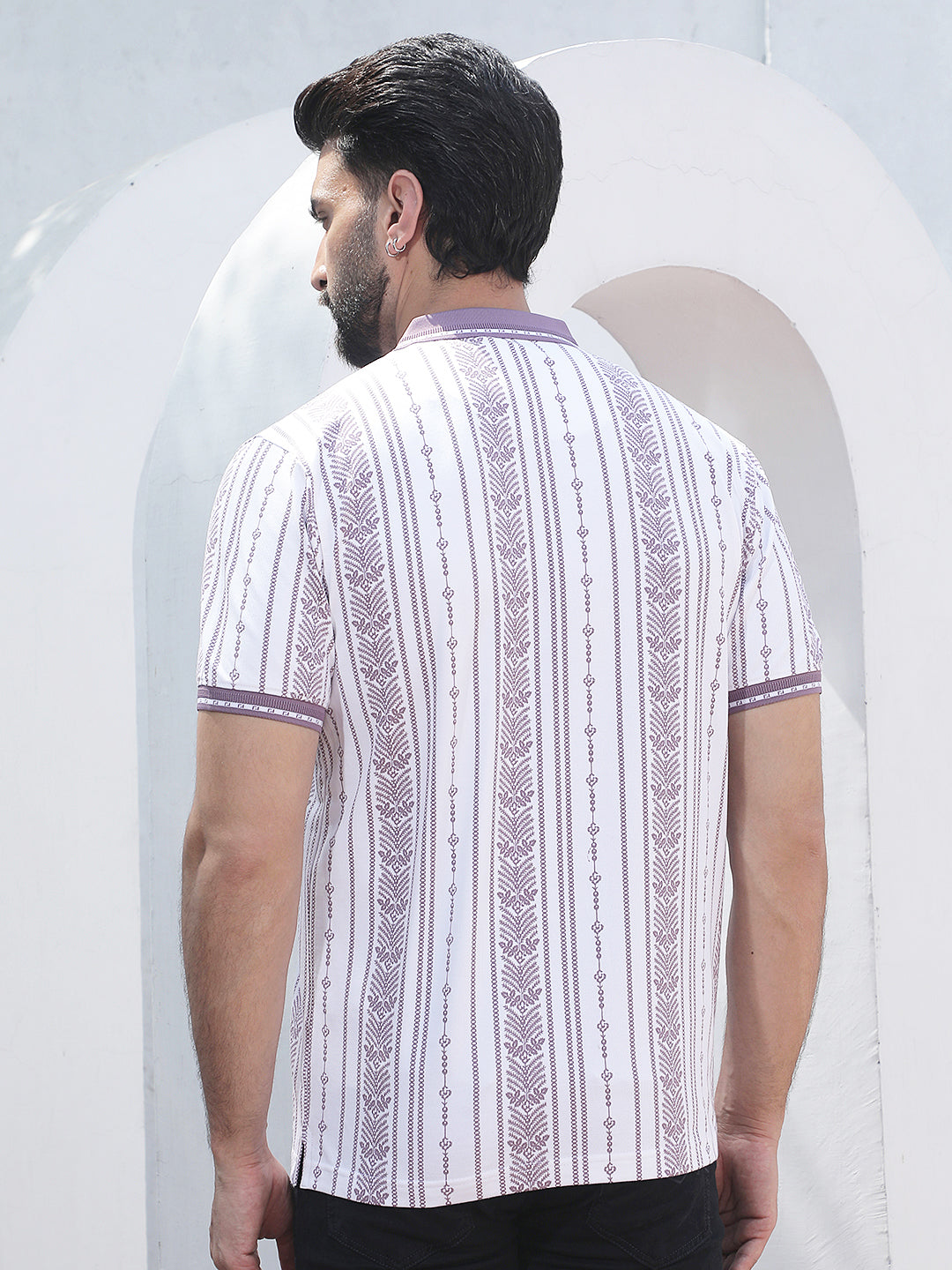 Purple Botanical Print Polo Neck T-Shirt