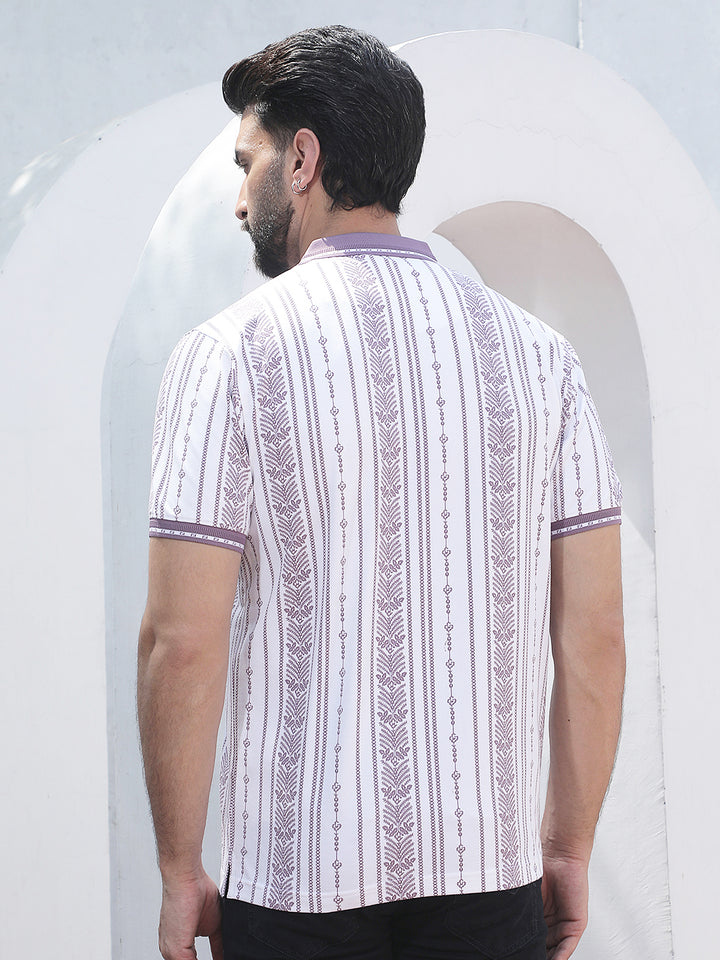 Purple Botanical Print Polo Neck T-Shirt