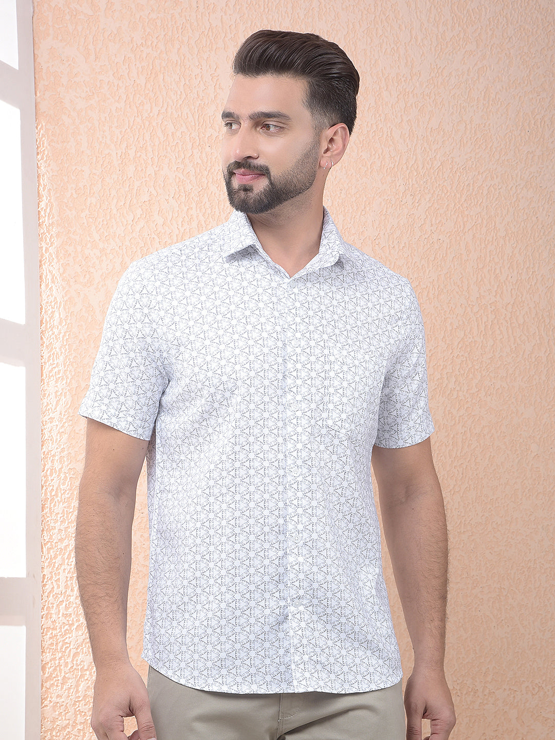 White Geo Motif Casual Shirt