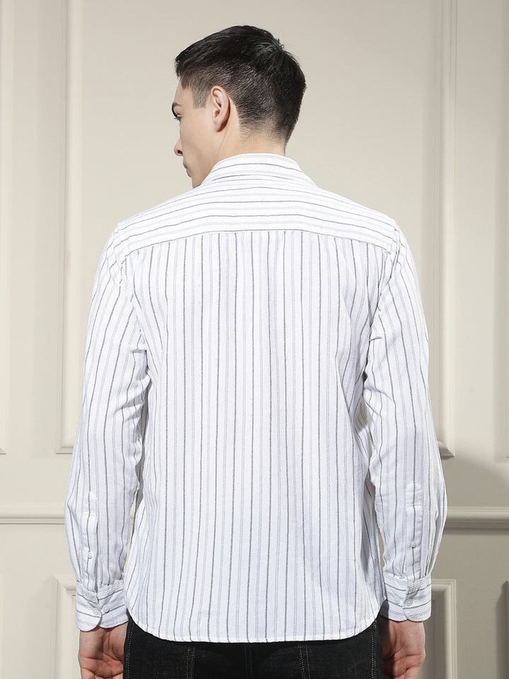 White Vertical Stripes 100% Cotton Corduroy Shirt