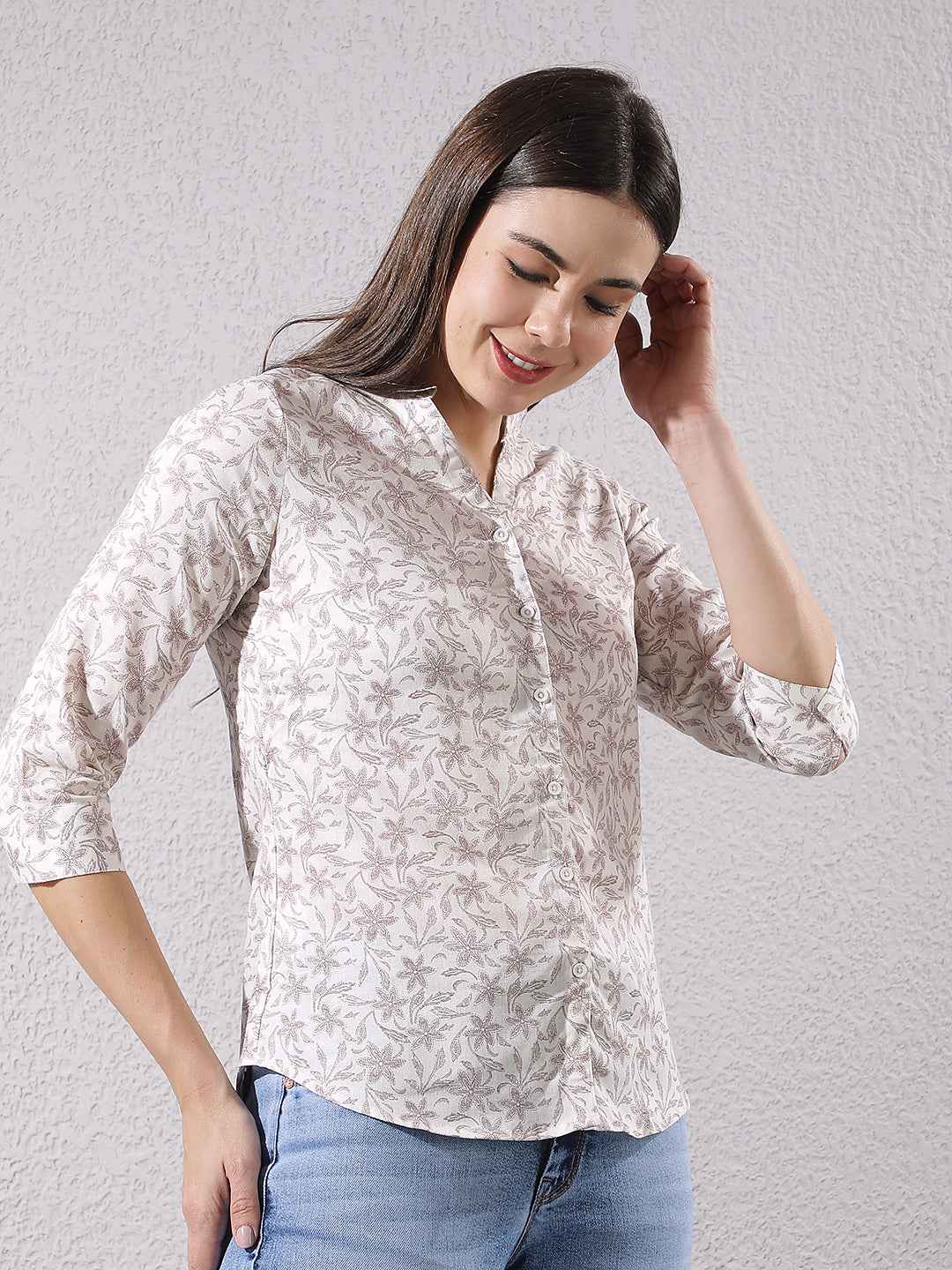 Purple Floral Print V-Neck Linen Shirt