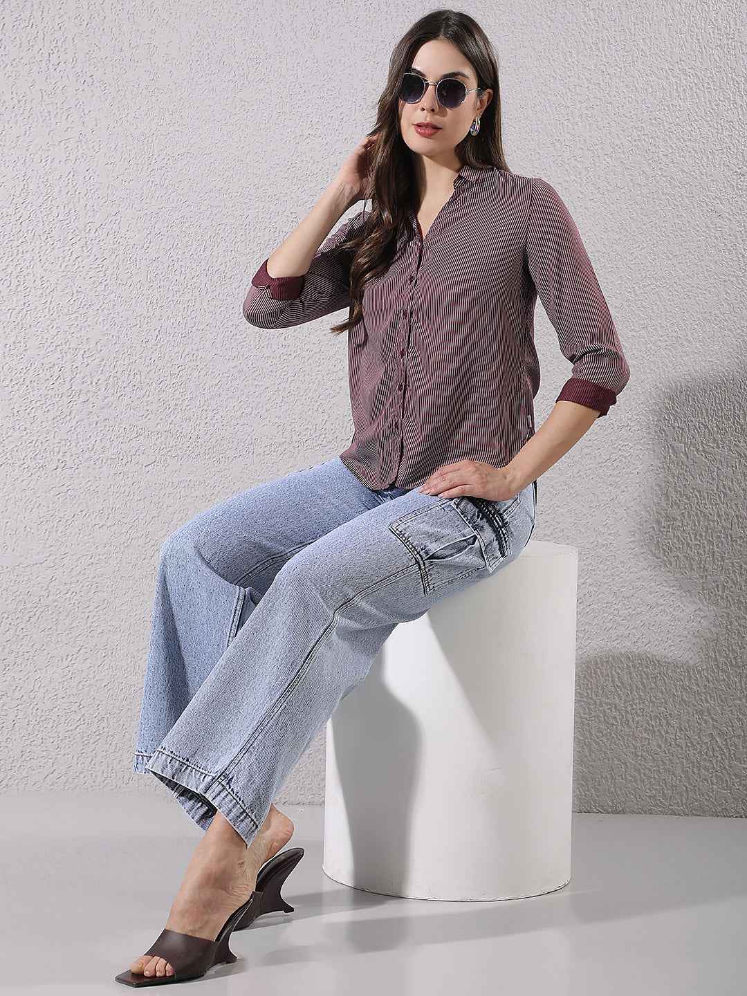 Maroon Vertical Striped Modal Shirt