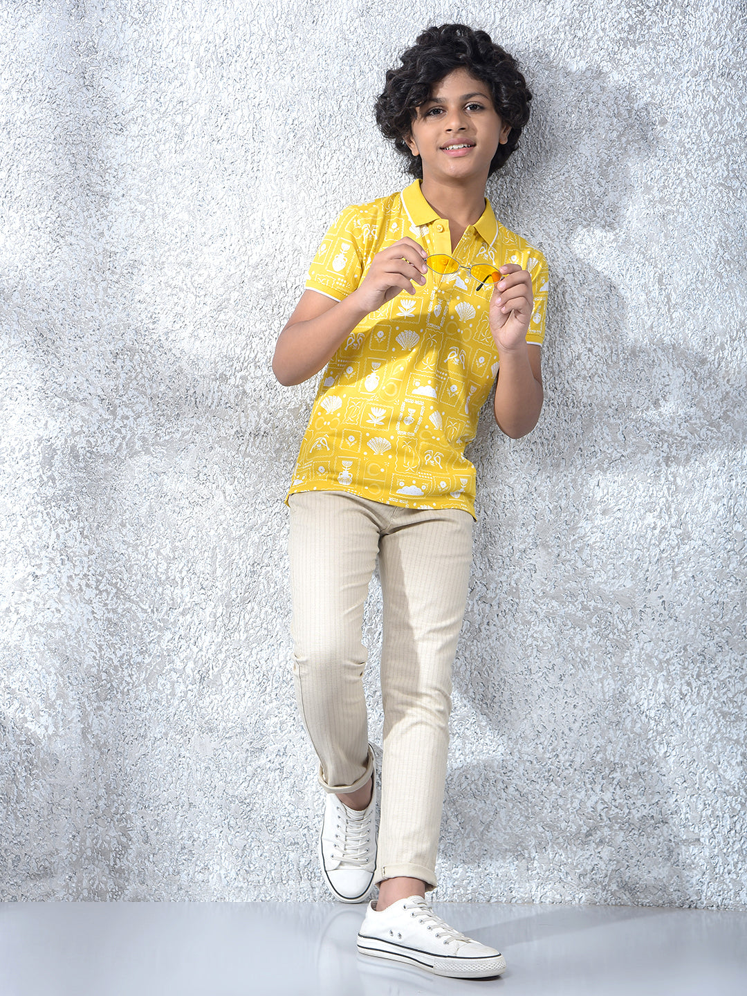 Yellow Printed Polo Neck T-Shirt