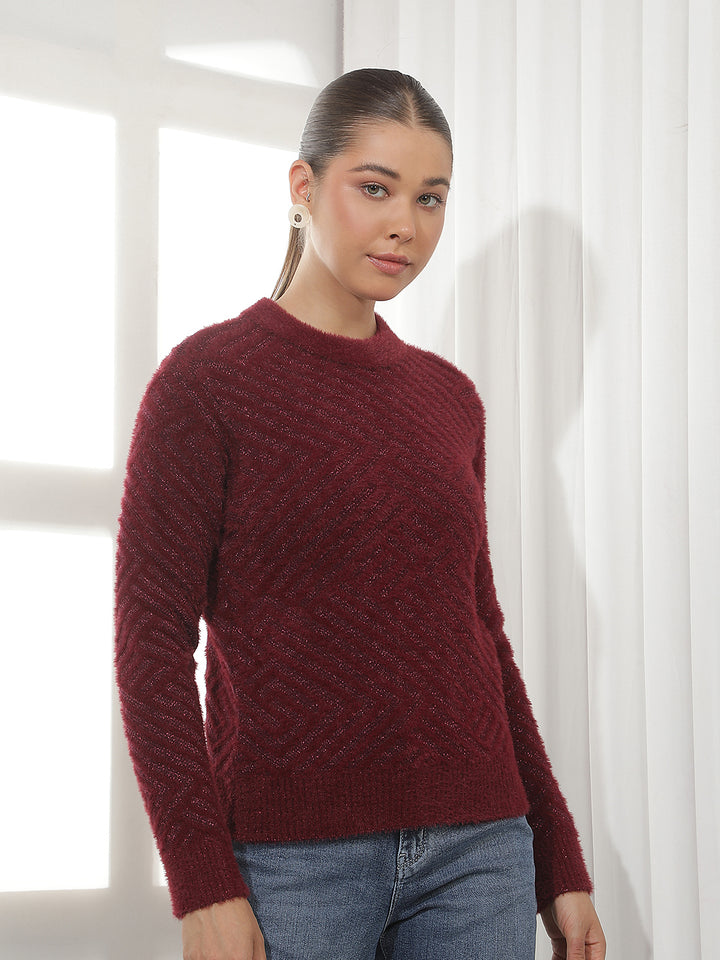 Maroon Jacquard Acrylic Sweater