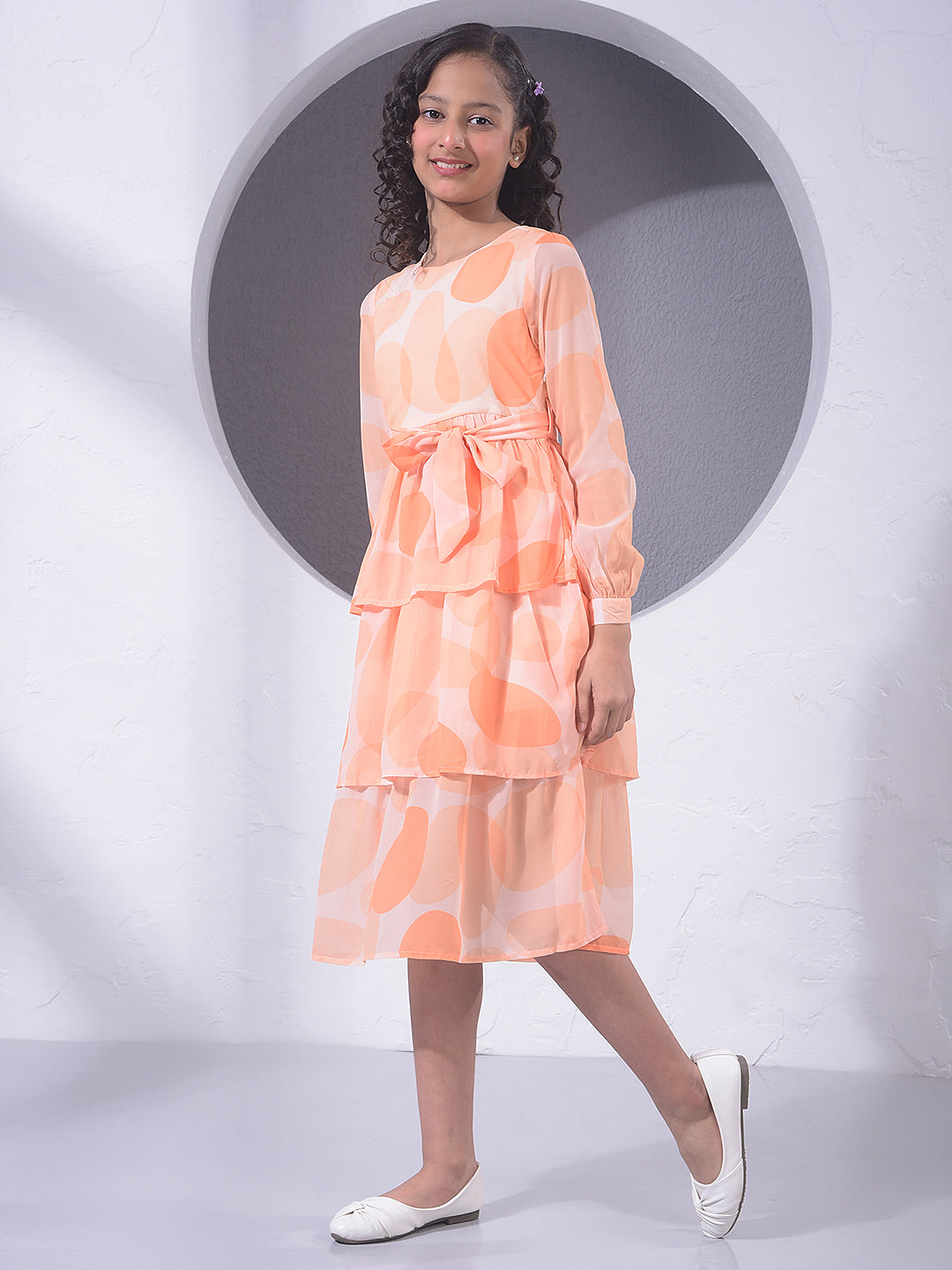 Orange Printed A-Line Dress With Belt