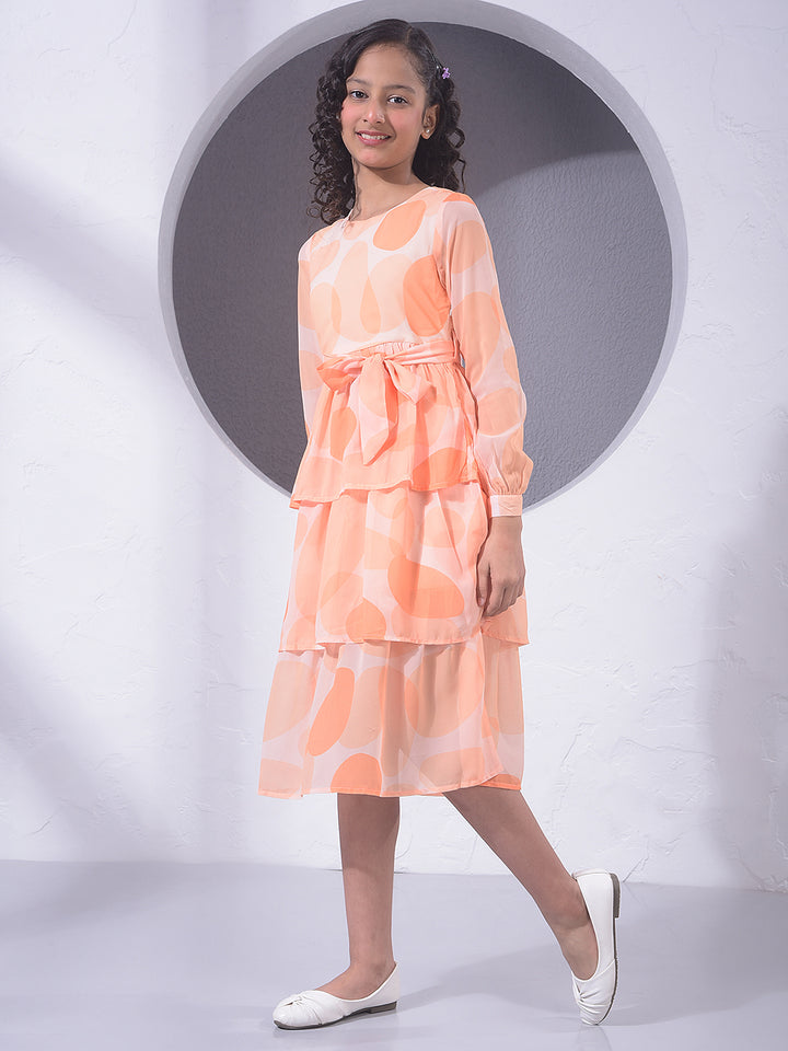 Orange Printed A-Line Dress With Belt