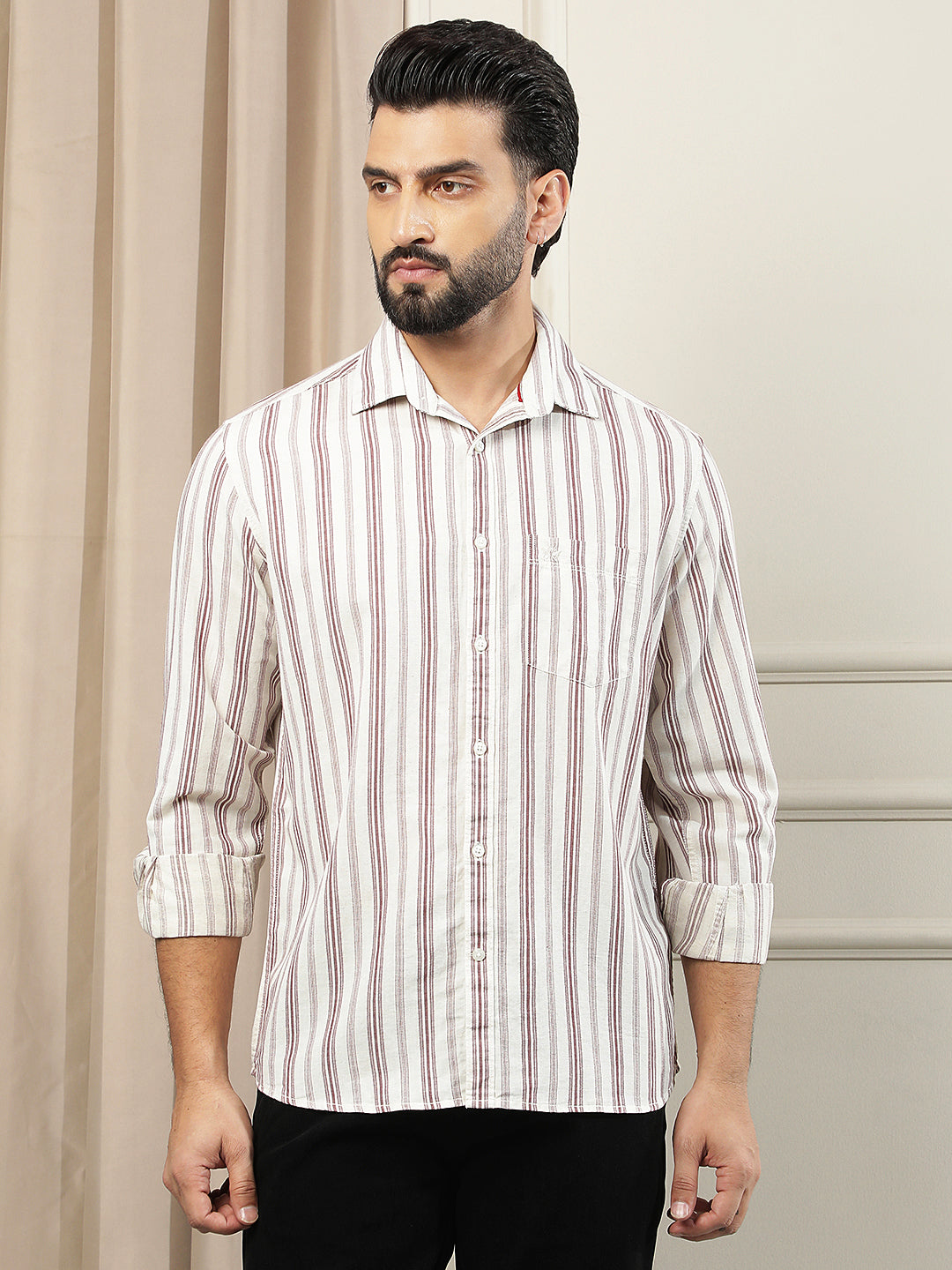 Maroon Vertical Stripes Linen Shirt