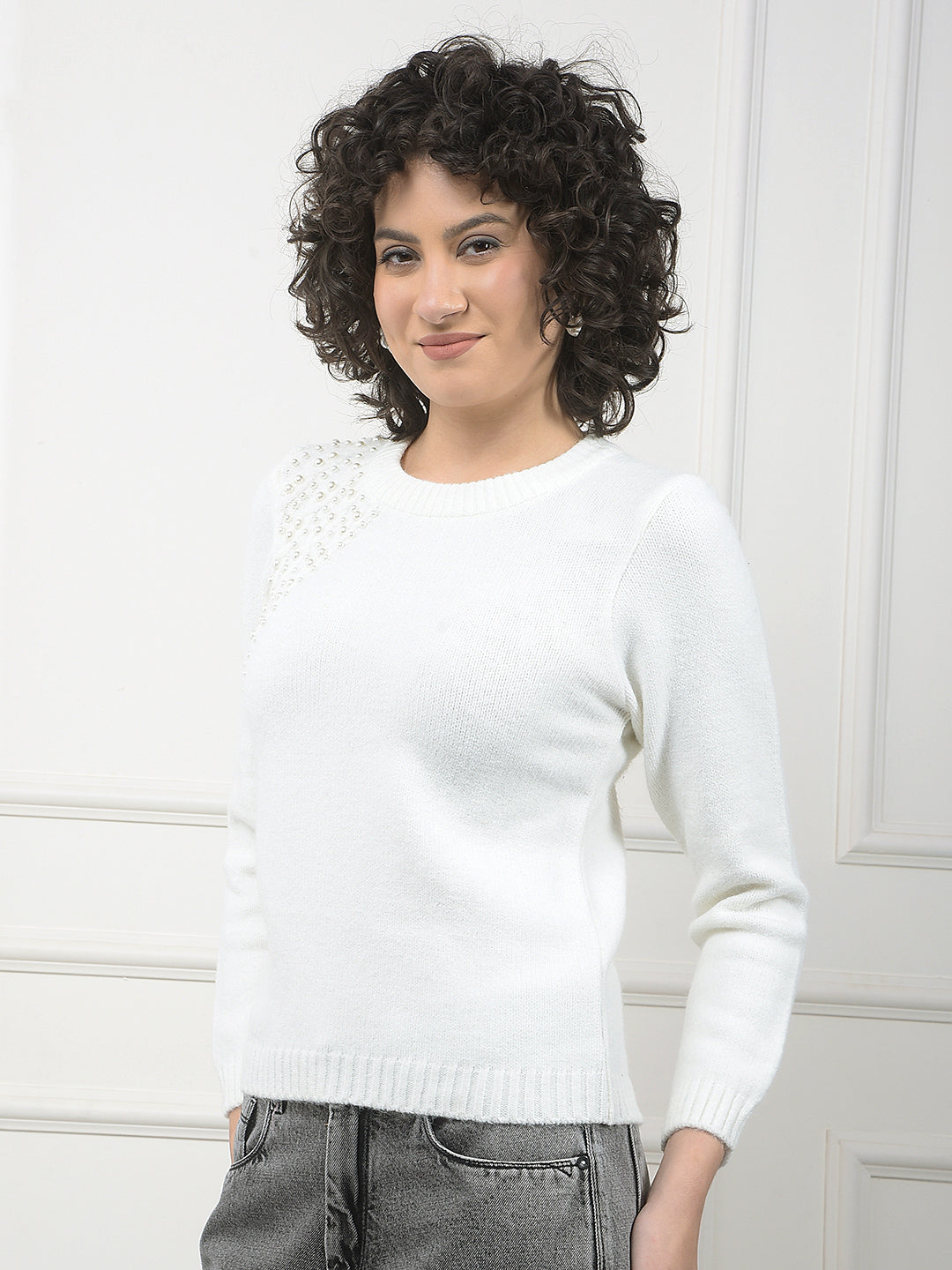 Round Neck White Sweater