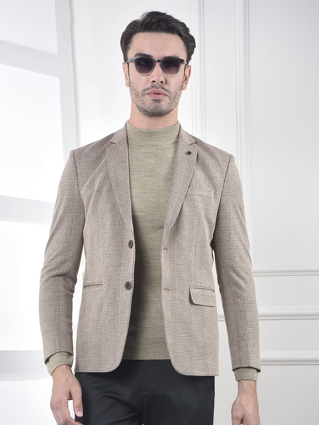 Brown Micro-Check Single-Breasted Blazer
