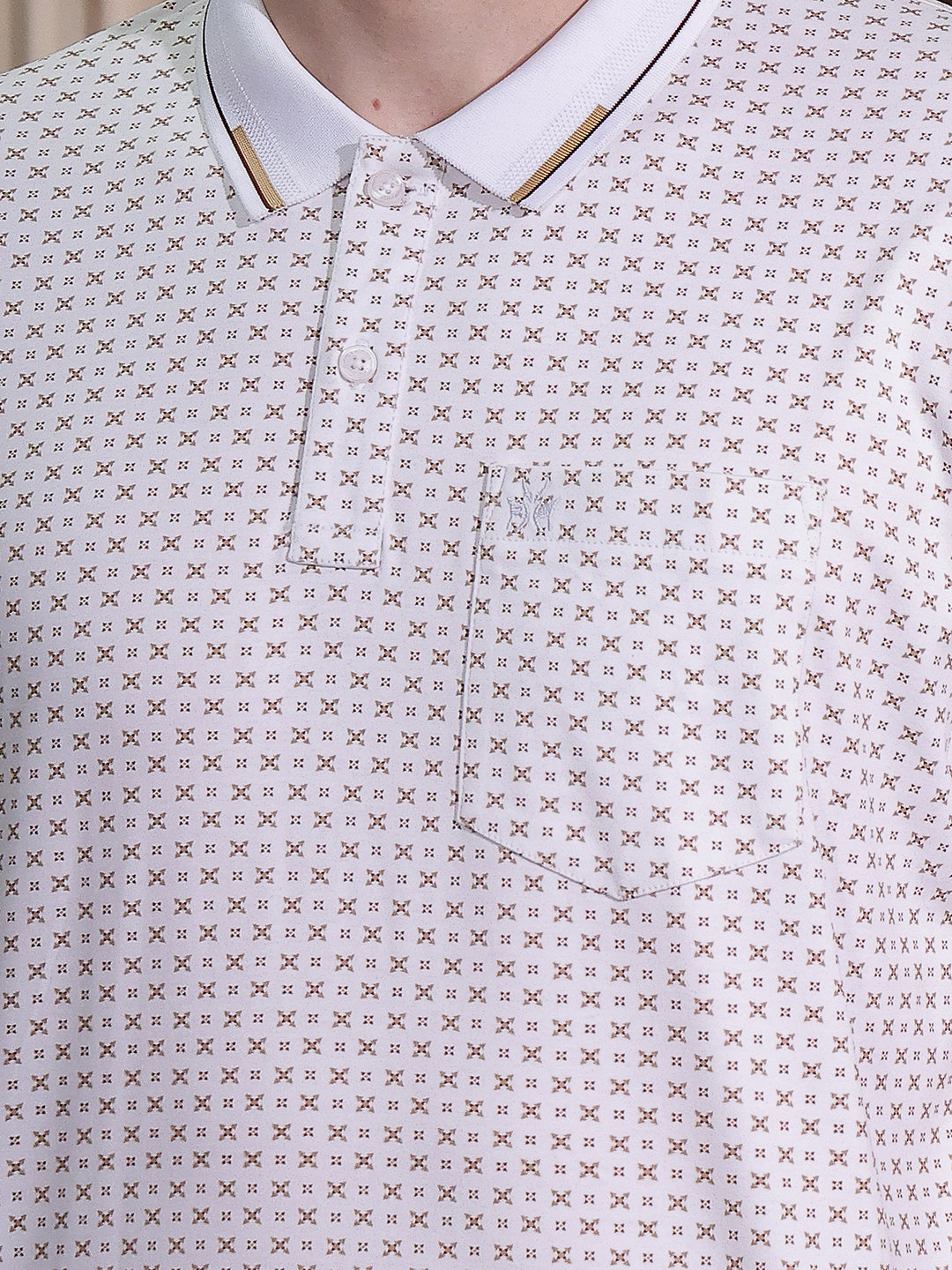 Beige Printed Polo Neck 100% Cotton T-Shirt