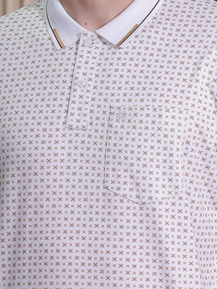 Beige Printed Polo Neck 100% Cotton T-Shirt