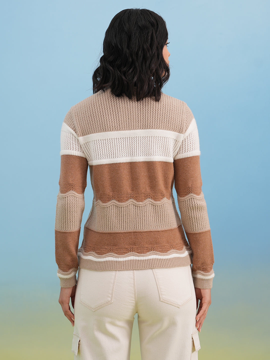 Sand Beige Textured Color-Block Sweater