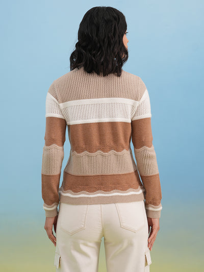 Sand Beige Textured Color-Block Sweater