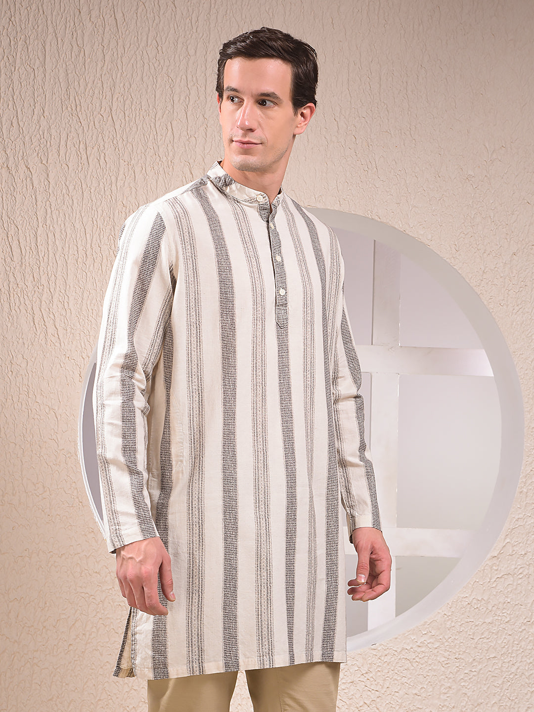 Beige Vertical Stripes Linen Straight Kurta