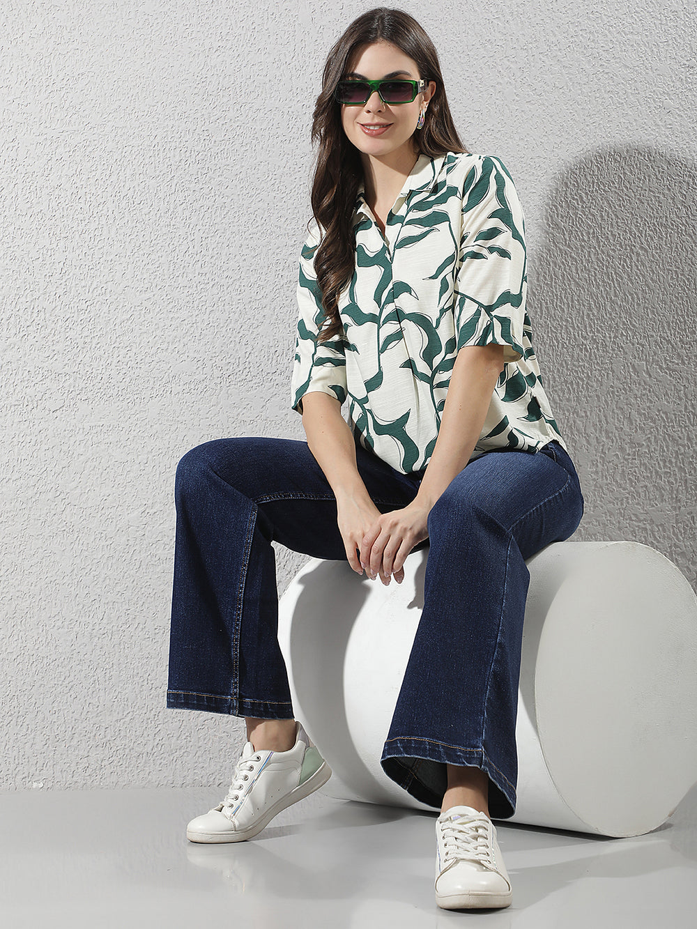 Green Botanical Print Linen Top