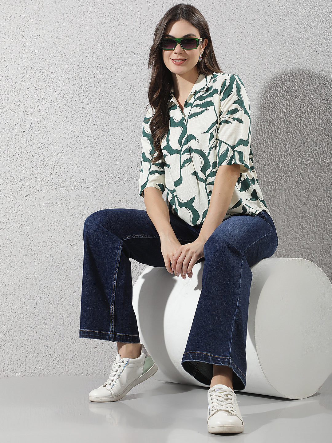 Green Botanical Print Linen Top