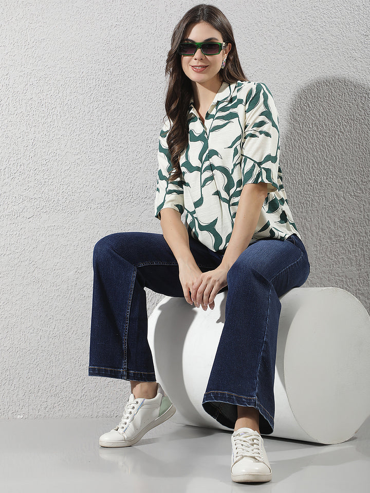 Green Botanical Print Linen Top