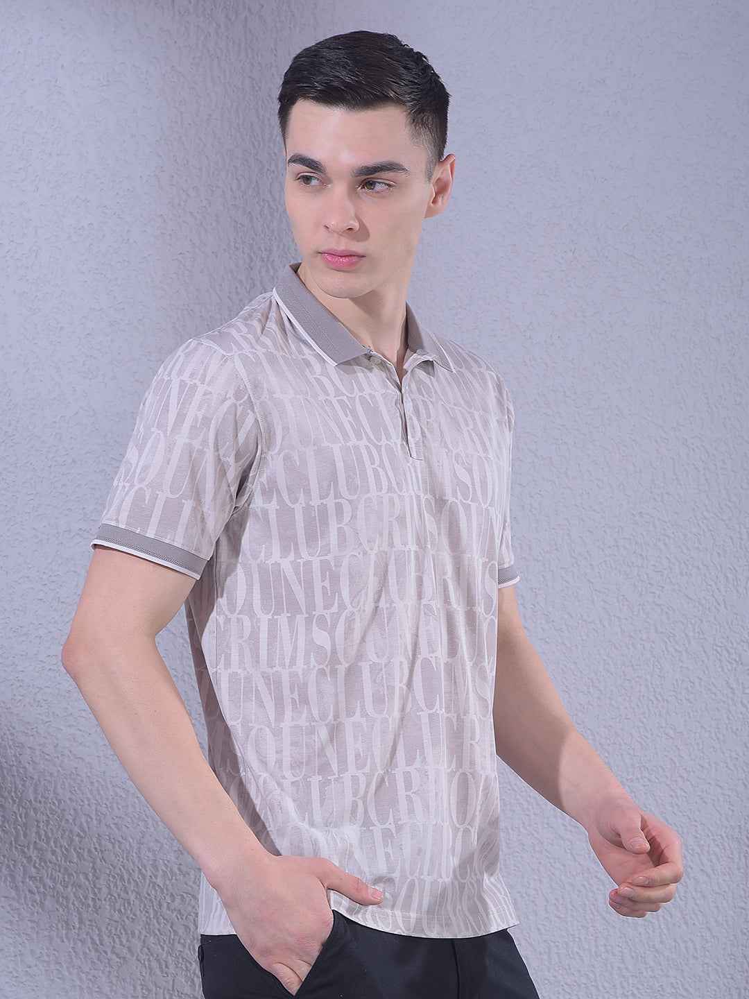 Pink Typographic Print Polo Neck T-Shirt