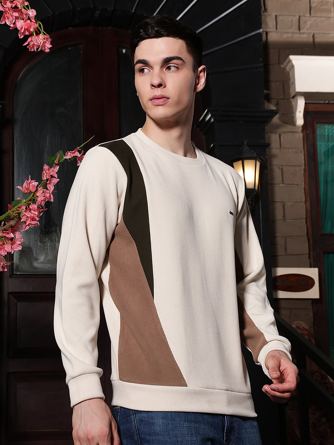 Sleek Dune Beige Color-Block Sweatshirt