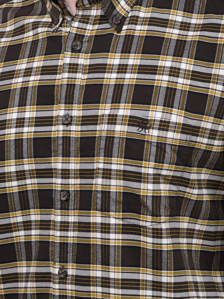 Olive Checked Button-Down Collar 100% Cotton Shirt