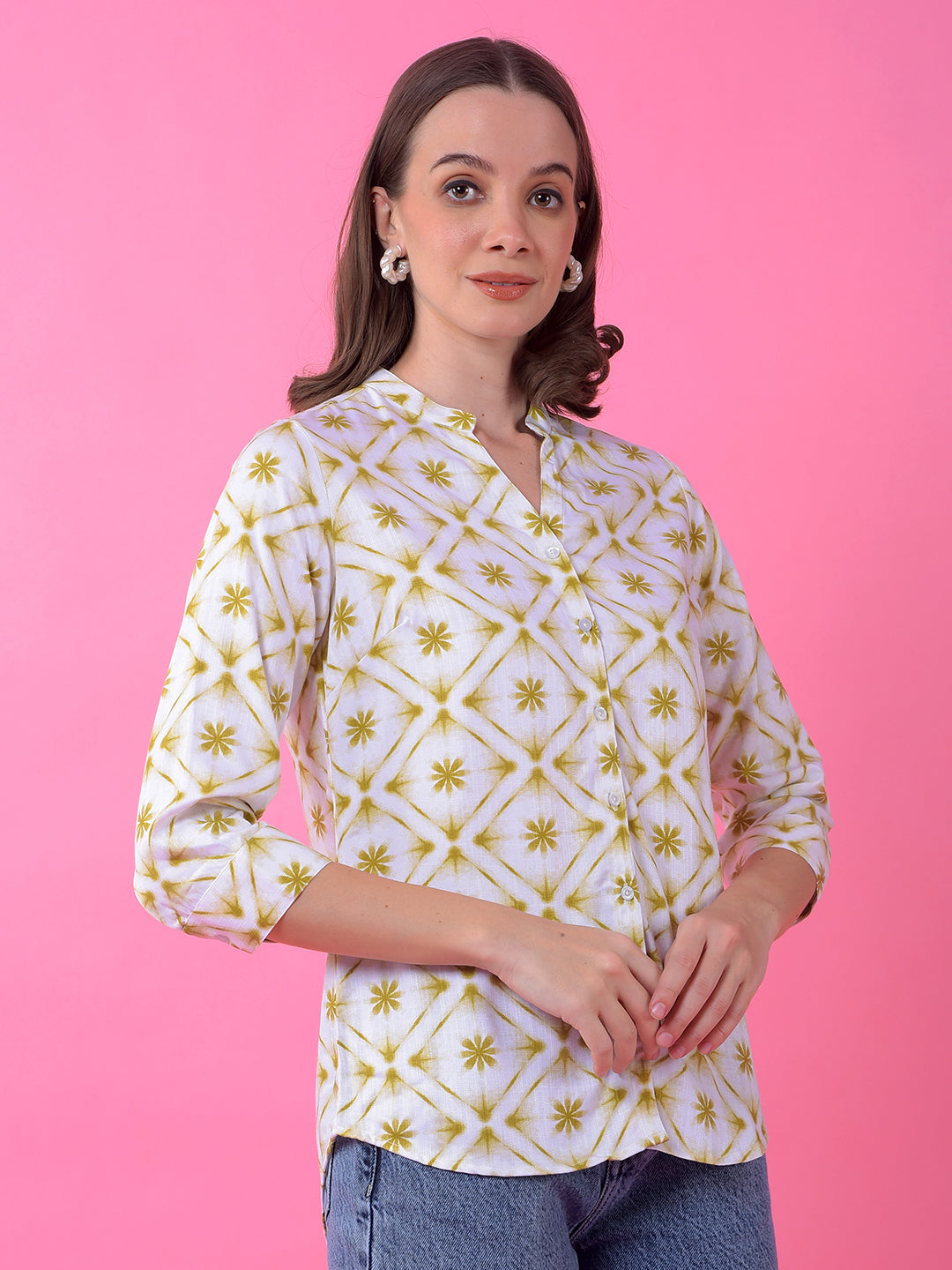Olive Floral Print V-Neck Shirt