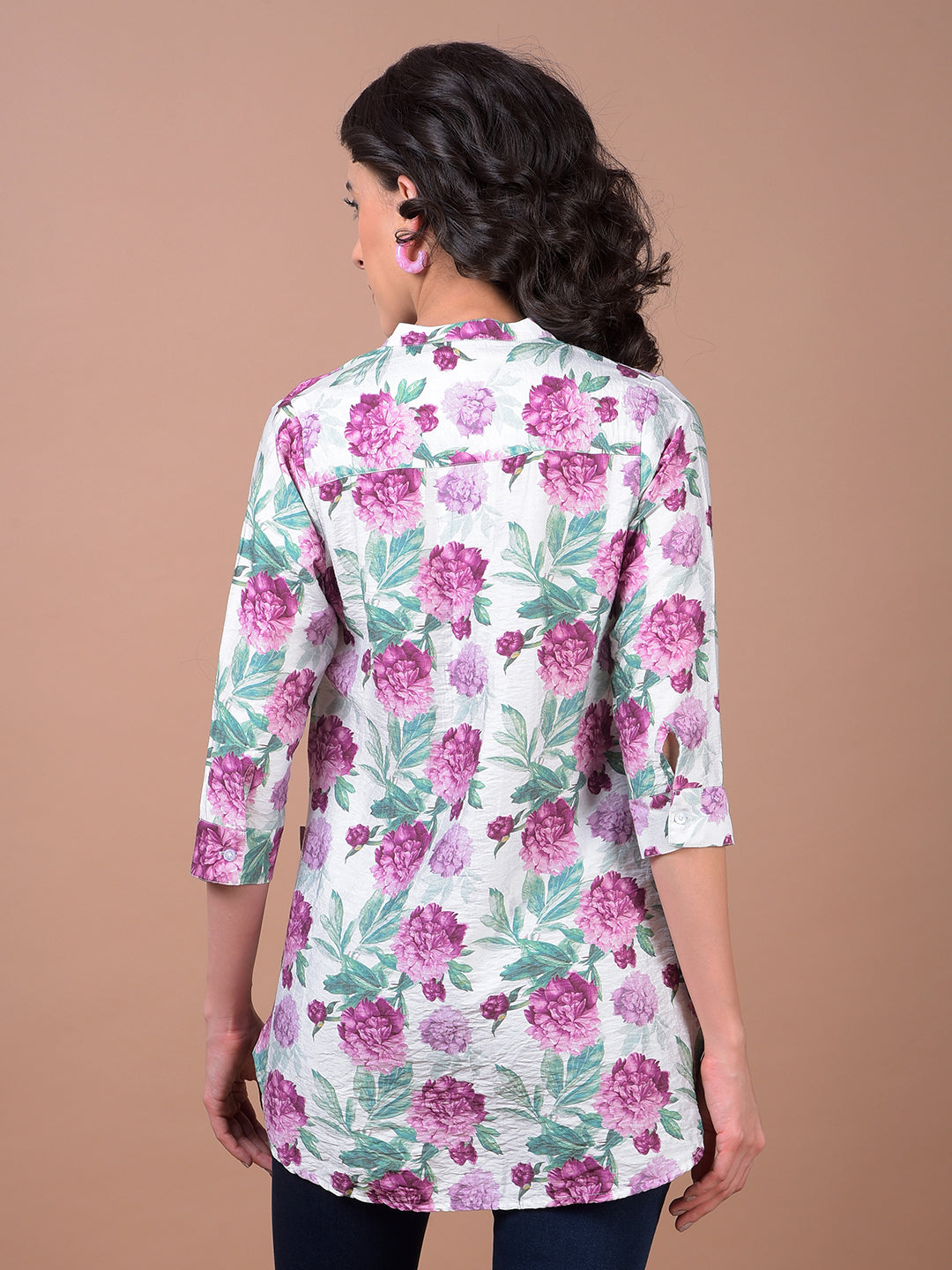 Purple Floral Print V-Neck Top