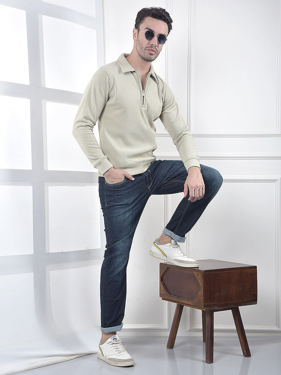 Beige Minimal Zip-Front Sweatshirt