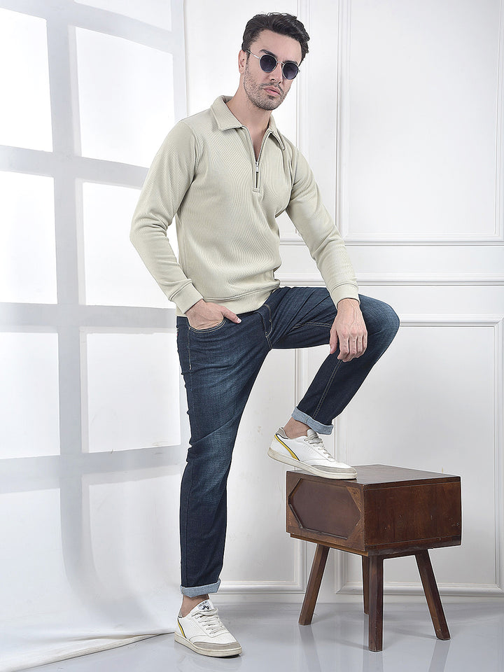 Beige Minimal Zip-Front Sweatshirt