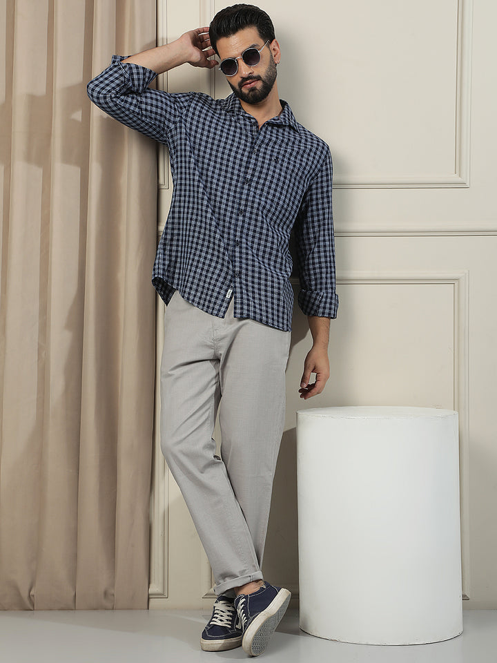 Navy Blue 100% Cotton Checked Shirt