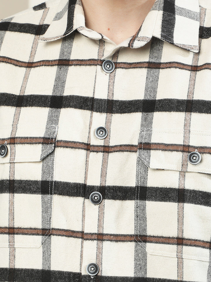 Cream Checked Double Pocket Shirt