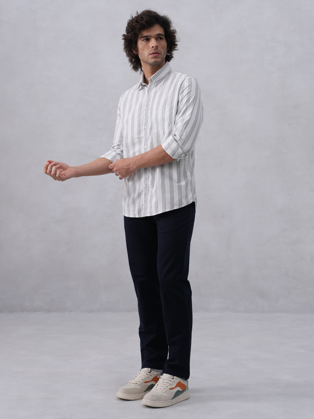 White Vertical Stripes 100% Cotton Button-Down Collar Shirt