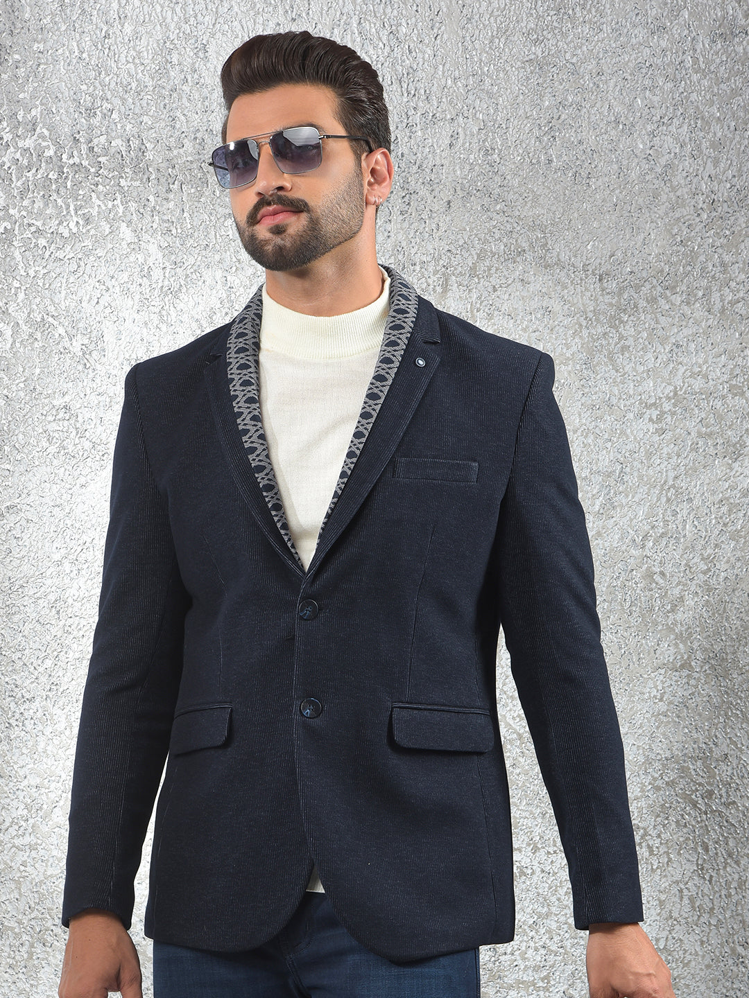 Navy Blue Notched Lapel Single-Breasted Blazer
