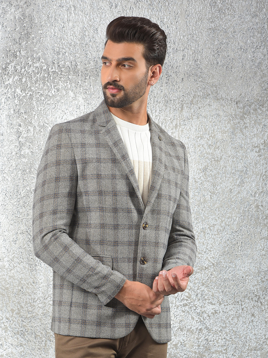 Grey Checked Notched Lapel Single-Breasted Blazer