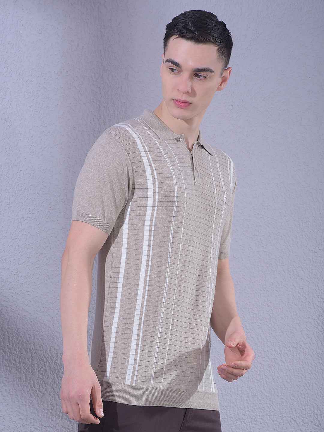 Beige Vertical Stripes T-Shirt