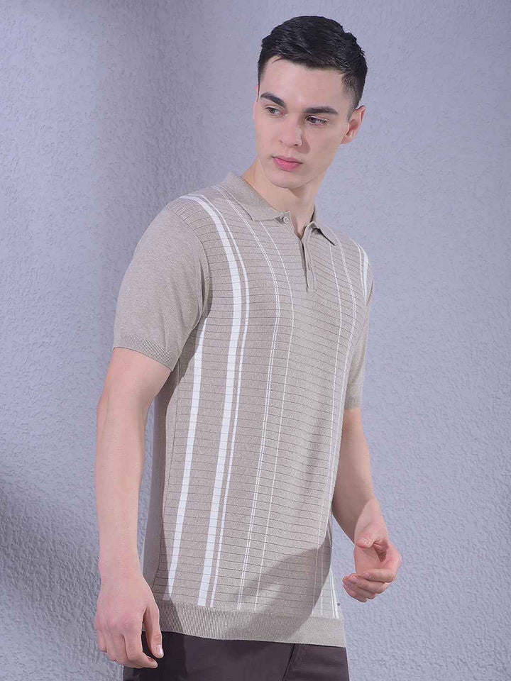 Beige Vertical Stripes T-Shirt