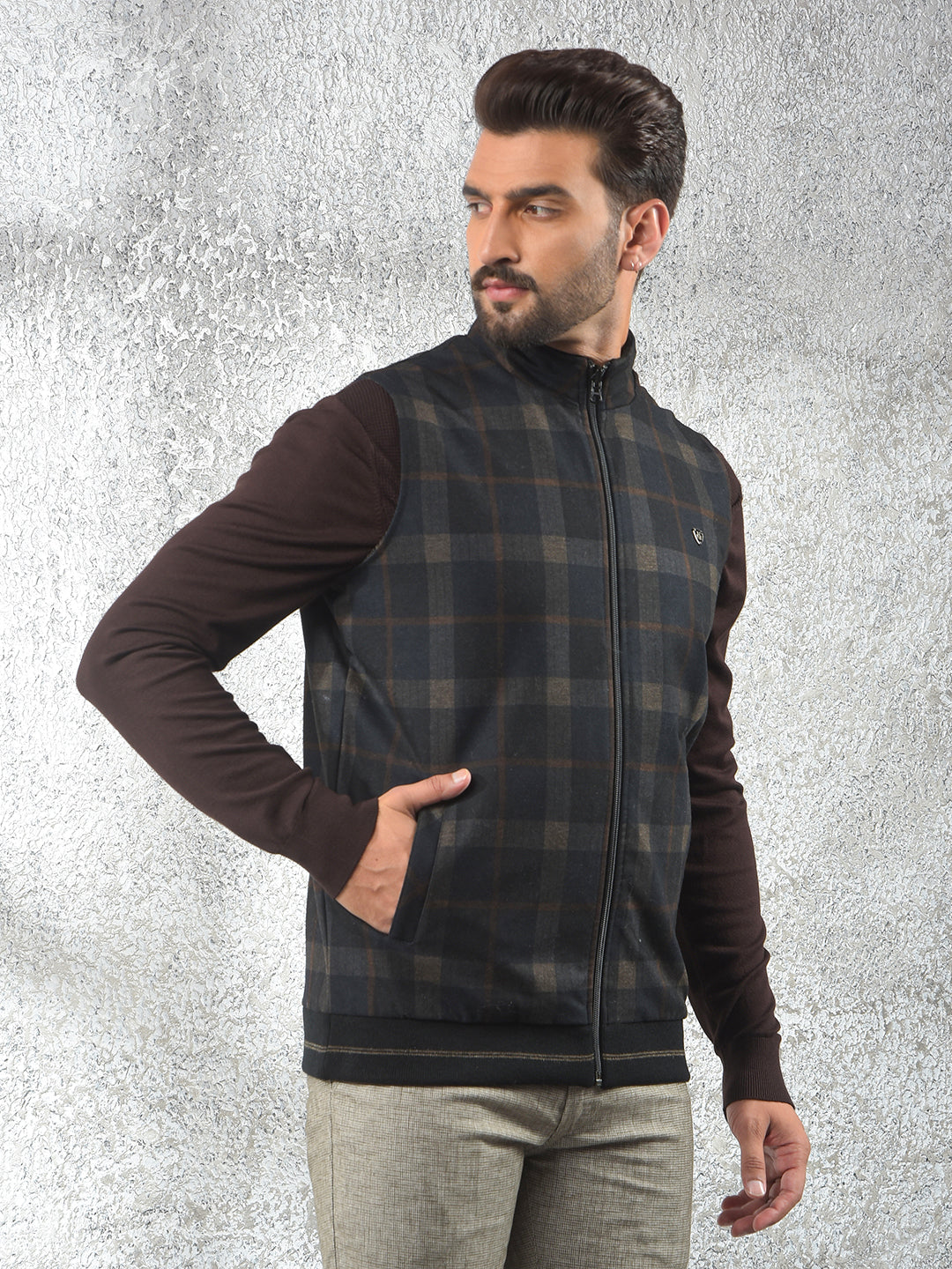 Black Checked Sleeveless Reversible Jacket