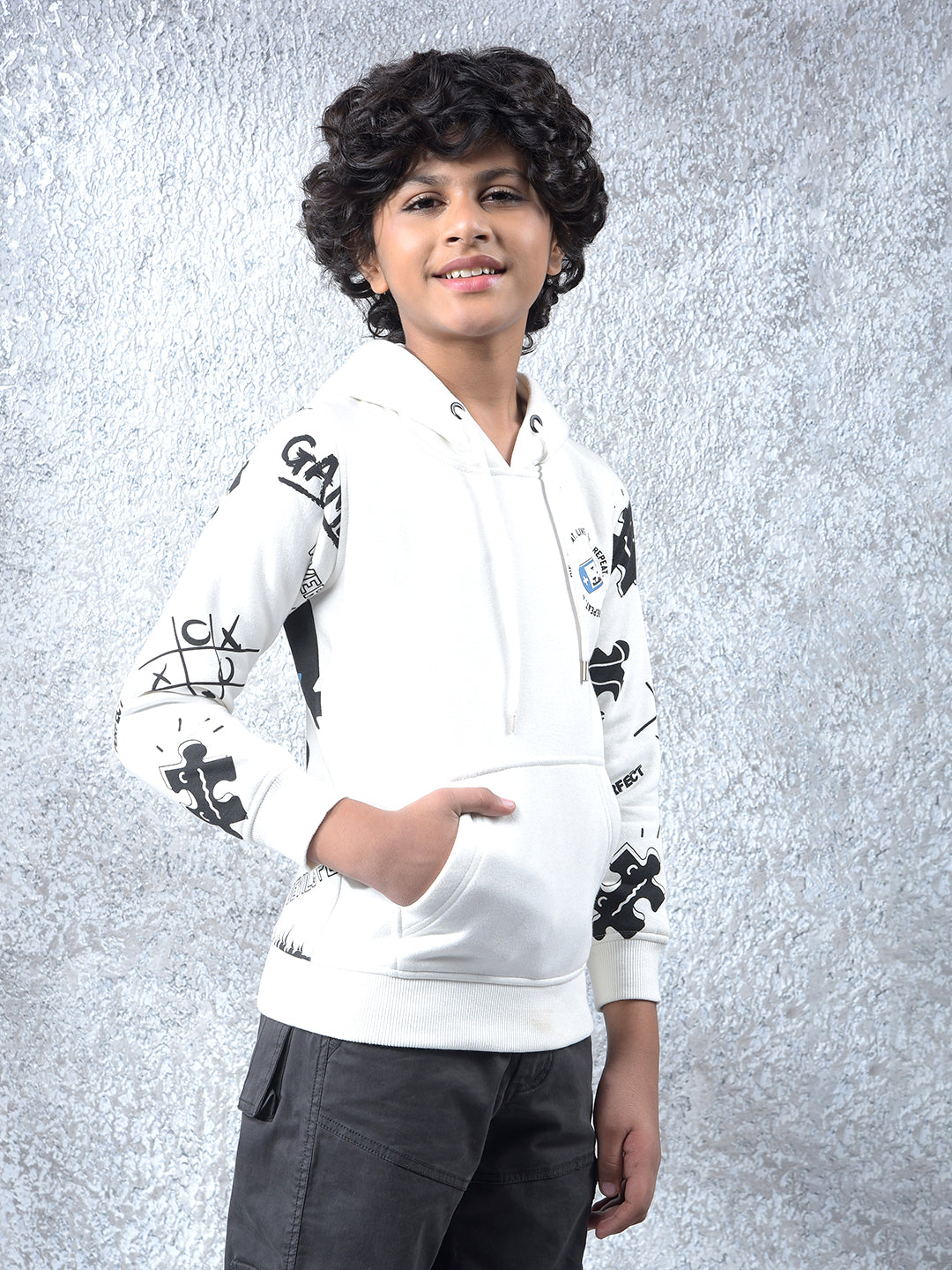 White Printed Hooded Neck Sweatshirt