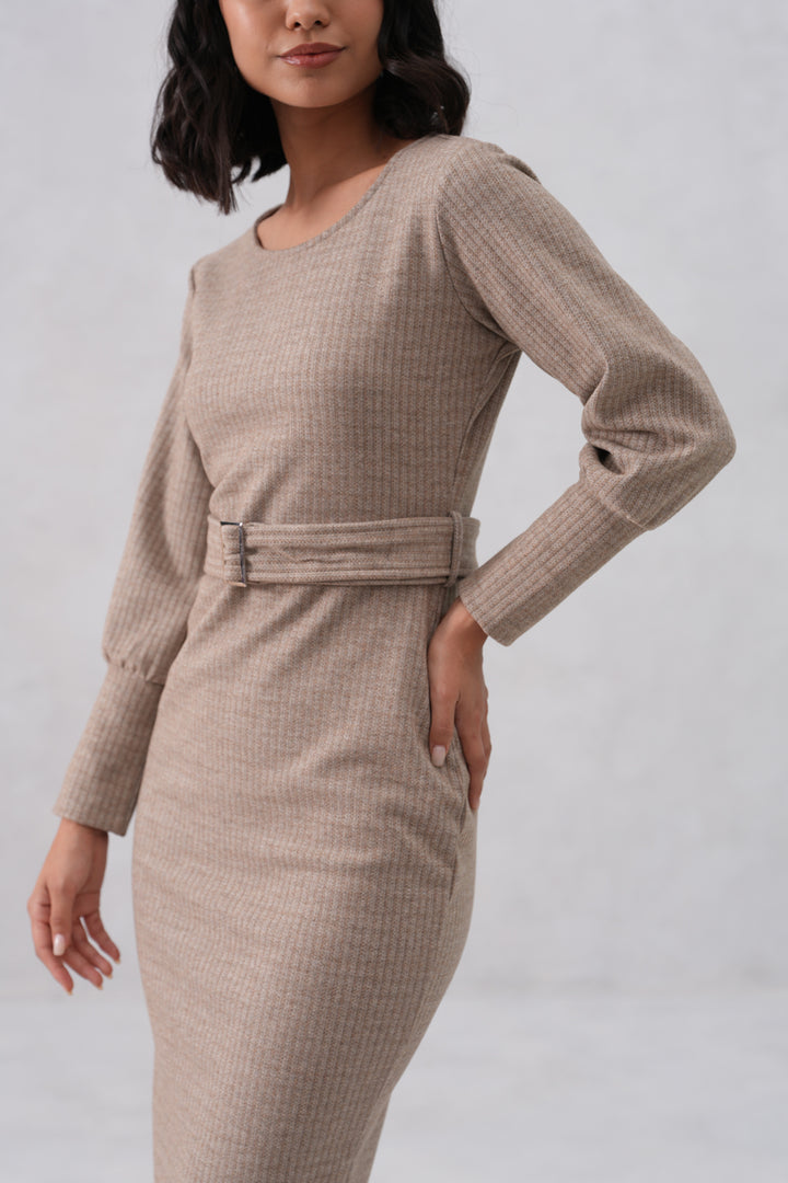 Beige Vertical Stripes Winter Bodycon Belted-Dress
