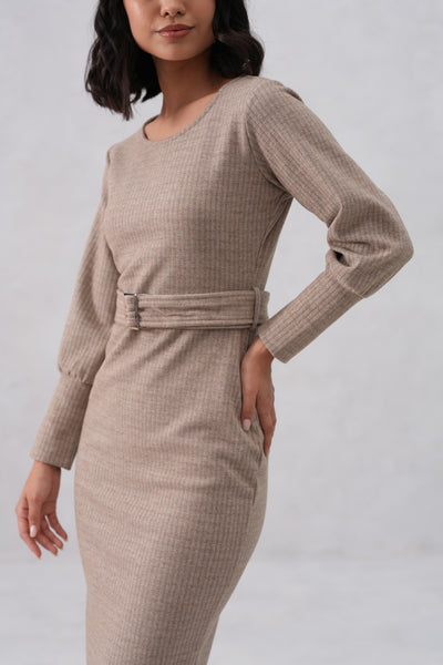 Beige Vertical Stripes Winter Bodycon Belted-Dress