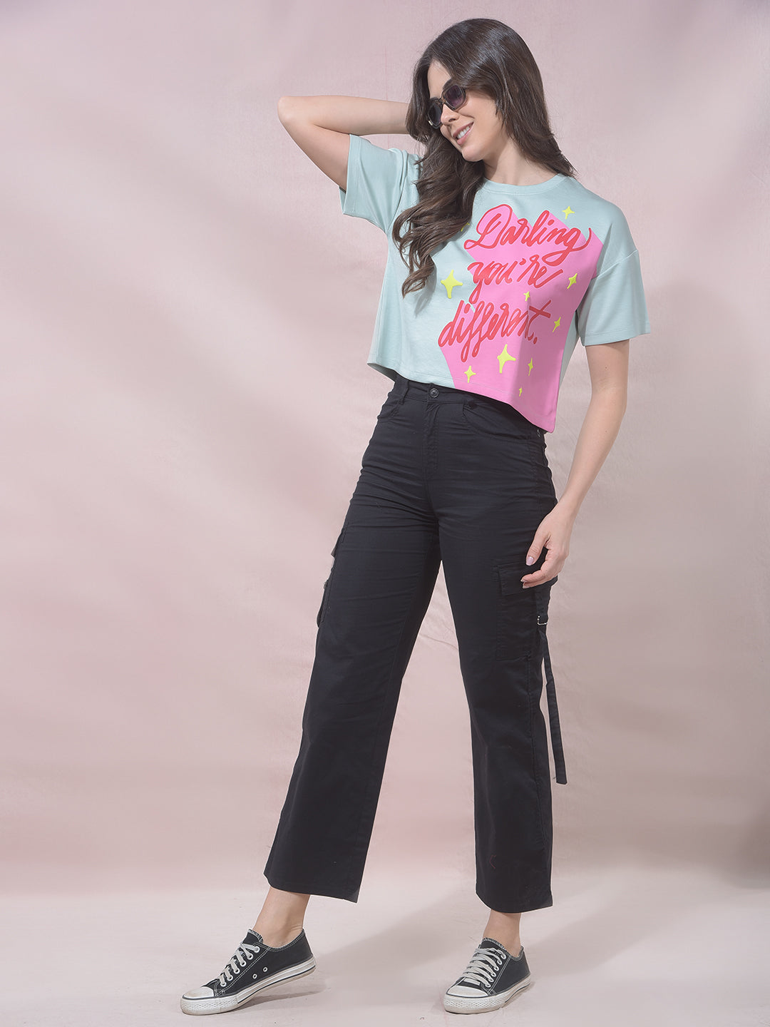 Green Typographic Print Cropped T-Shirt