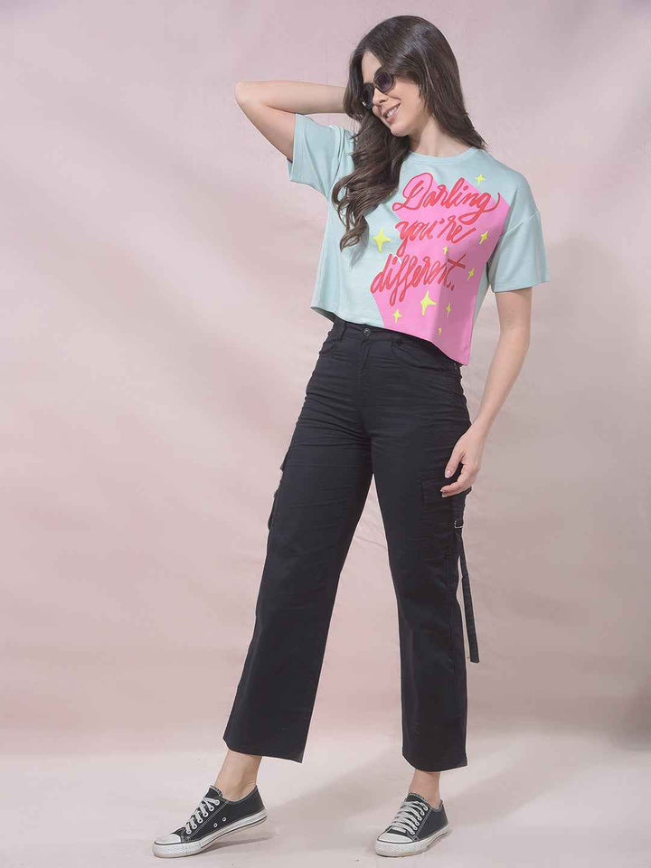 Green Typographic Print Cropped T-Shirt