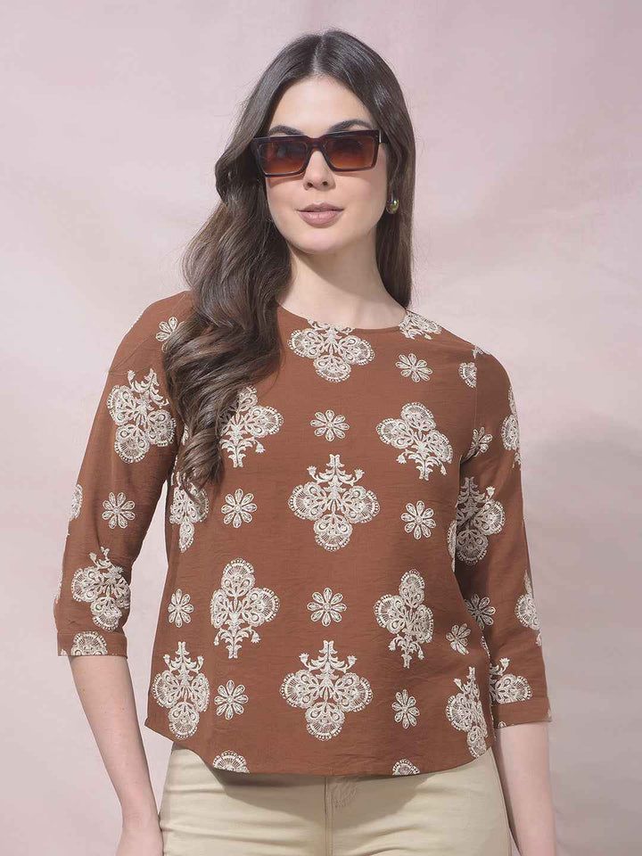 Brown Buti Embroidered Top