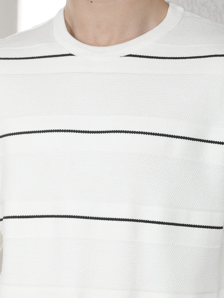 White Horizontal Stripes Round Neck Sweater