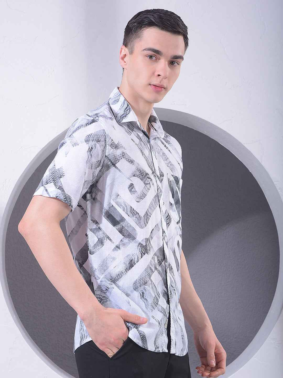 Grey Printed Linen Shirt