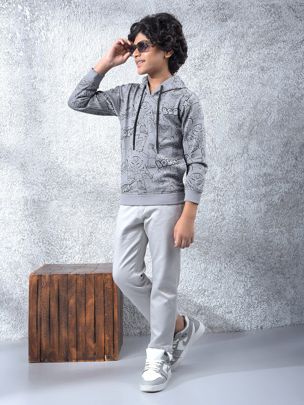 Grey Graphic Print Hooded Neck Sweatshirt