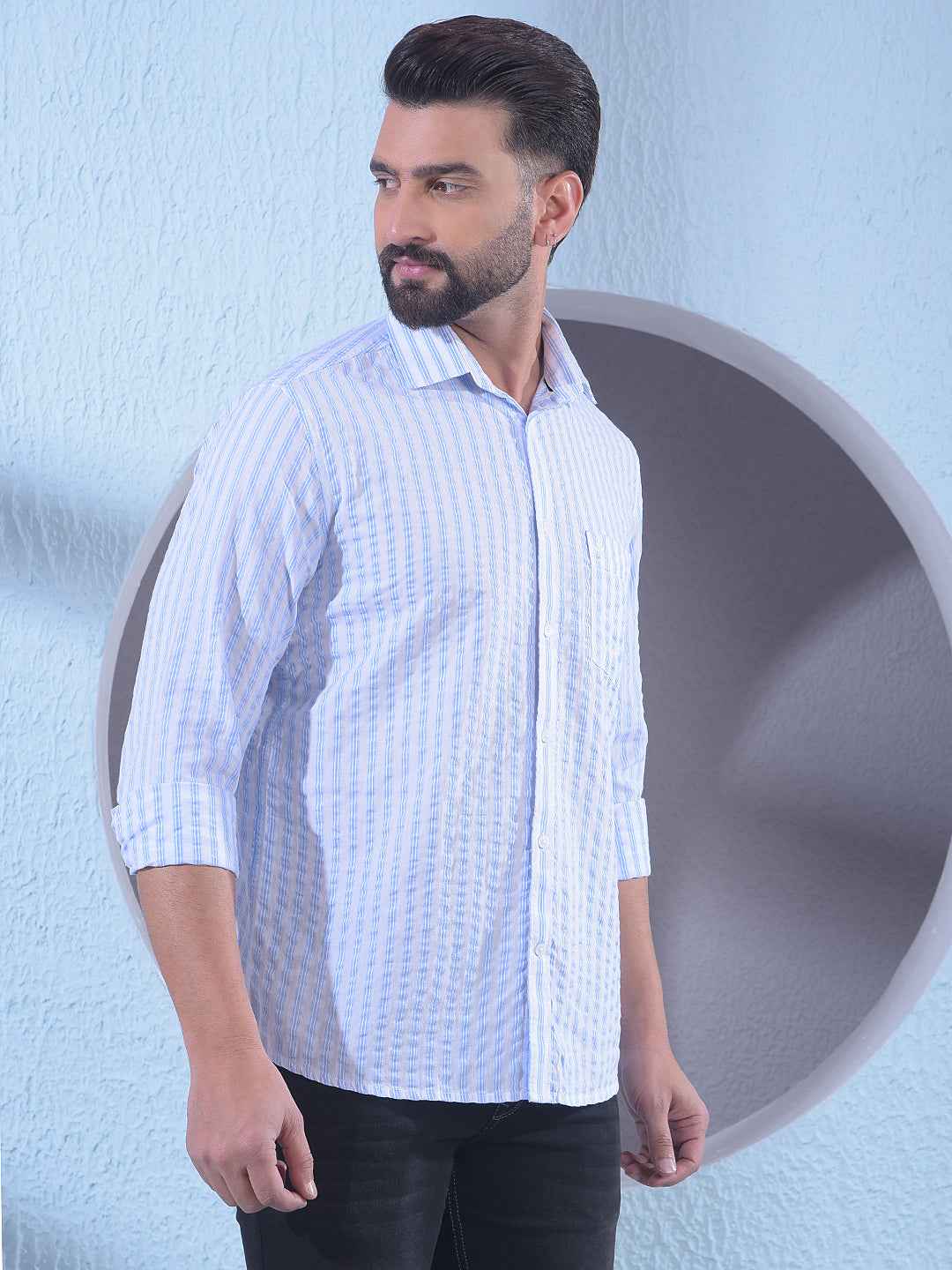 Blue 100% Cotton Vertical Stripes Shirt