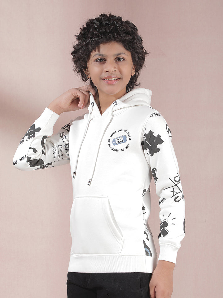 White Printed Hooded Neck Sweatshirt