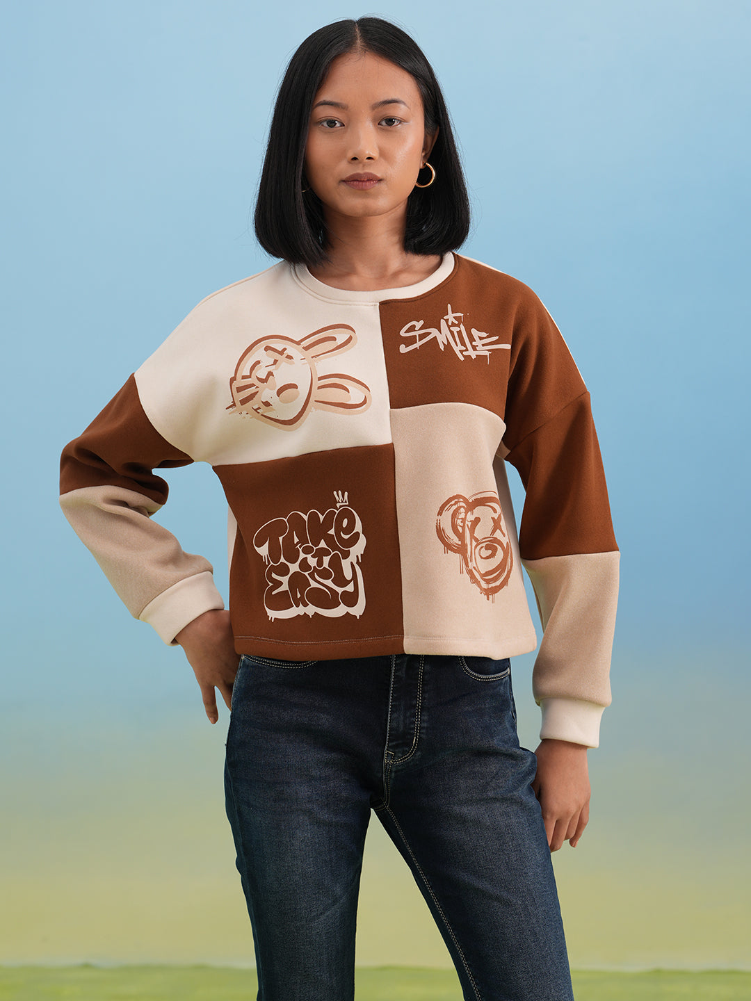 Two-Tone Cartoon Graphic Sweatshirt