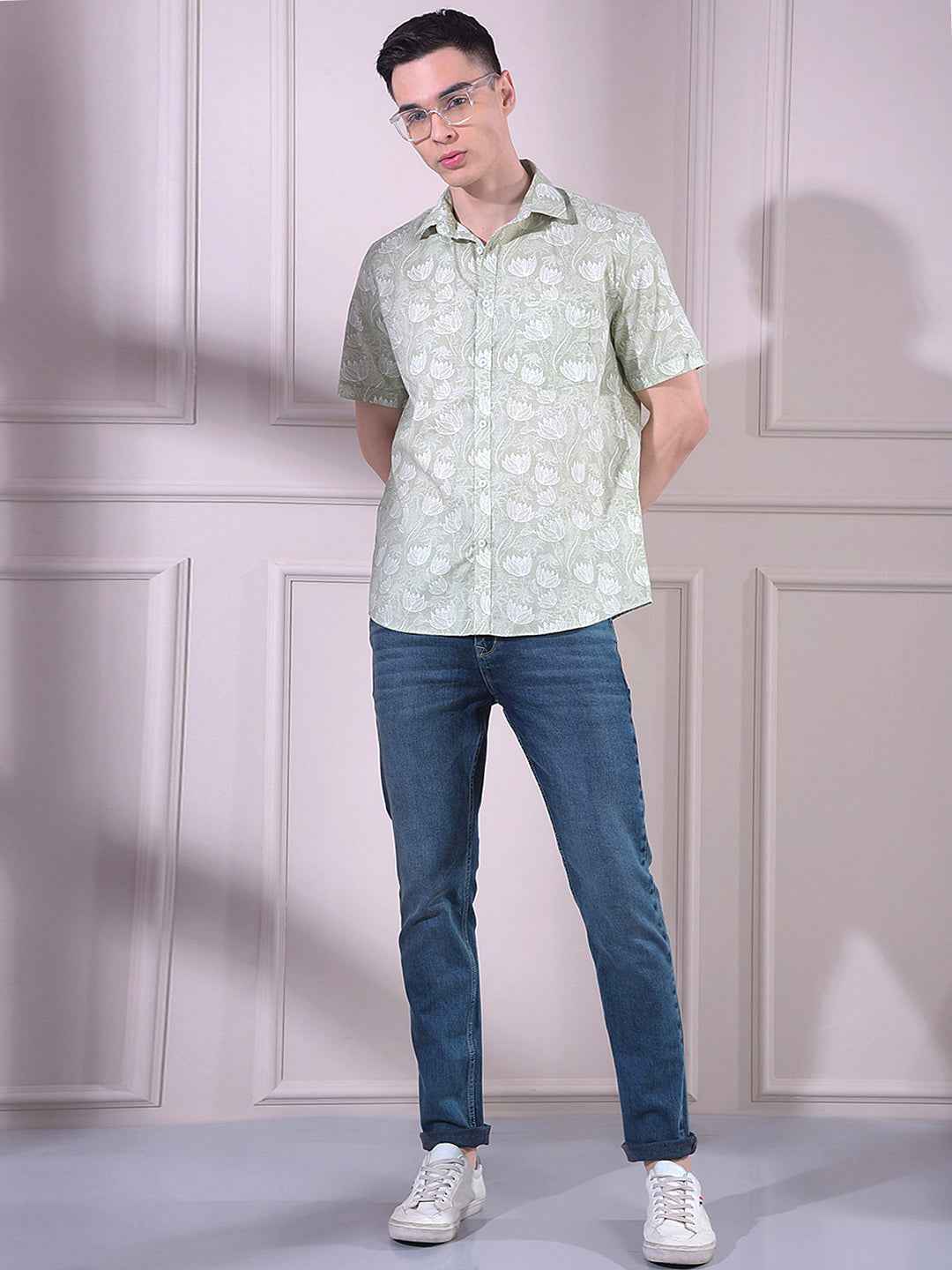 Green Linen Floral Print Shirt