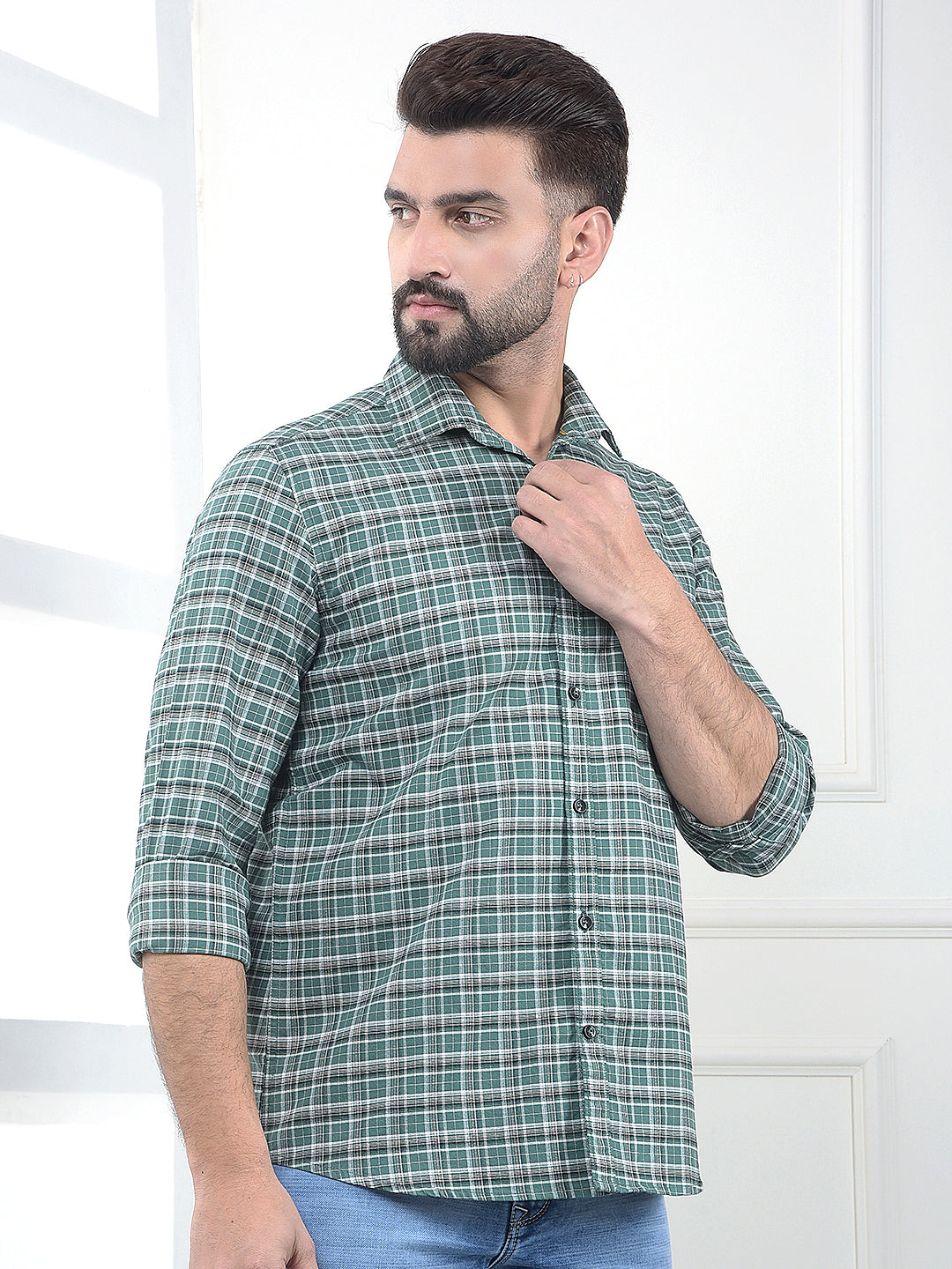 Quest Moss Green Checked 100% Cotton Shirt